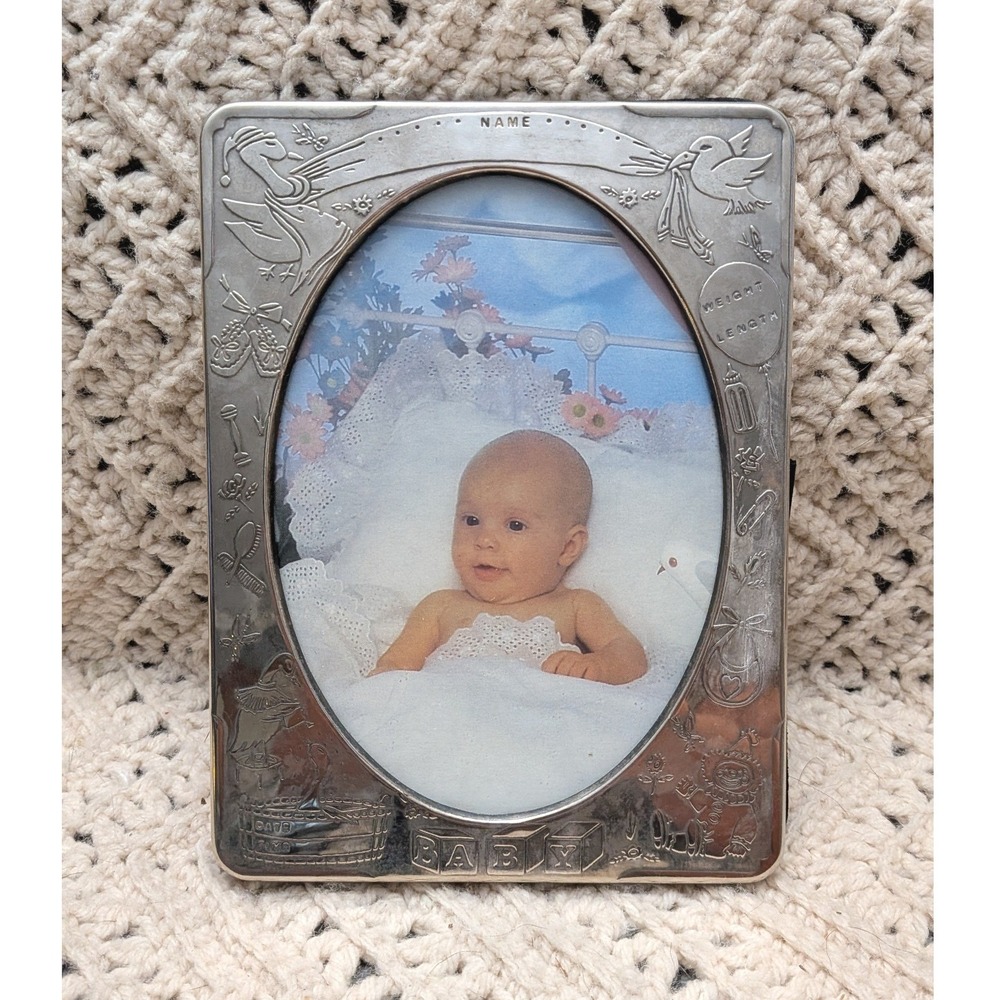 Vintage Silver‎ Tone Baby Photo Album Frame Embossed Nursery Stork 6x8